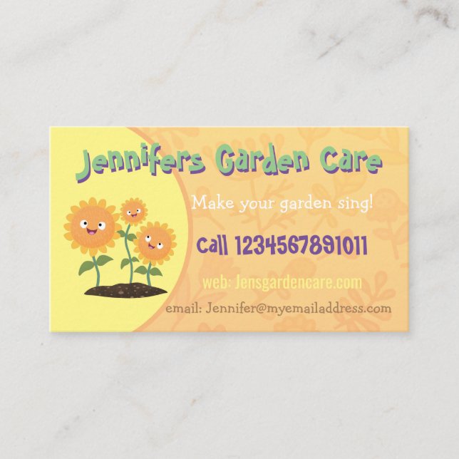 Cute cartoon sunflowers garden care service business card (Front)