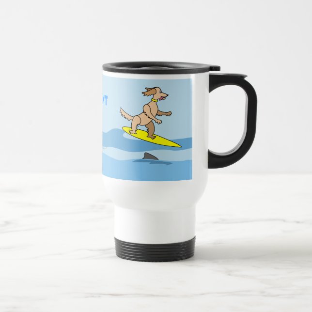 Cute Cartoon Surfing Dog and Waves Personalised Travel Mug (Right)