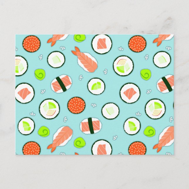Cute Cartoon Sushi Pattern Blue Postcard (Front)