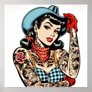 Cute Cartoon Tattoo Cowgirl Poster