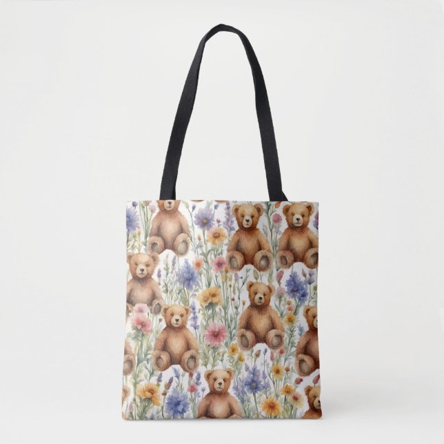 Cute Cartoon Teddies with Watercolor Flowers  Tote Bag (Front)