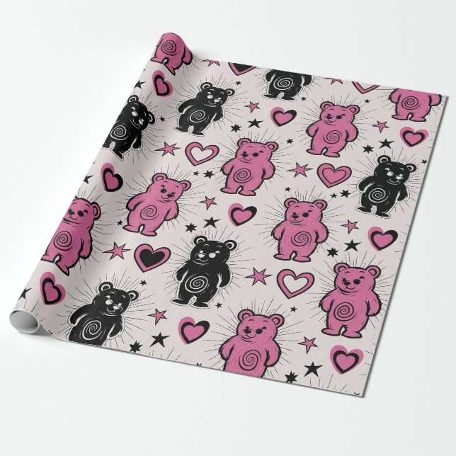 Cute Cartoon Teddy Bear Pattern Wrapping Paper (Unrolled)