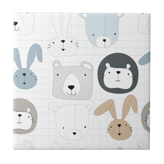 Cute cartoon teddy bear toddler and rabbit bunny tile (Front)