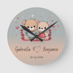 Cute Cartoon Teddy Lovers Heart Valentine’s Day  Round Clock