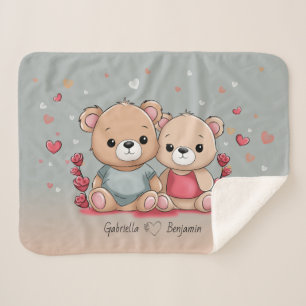 Cute Cartoon Teddy Lovers Heart Valentine’s Day  Sherpa Blanket