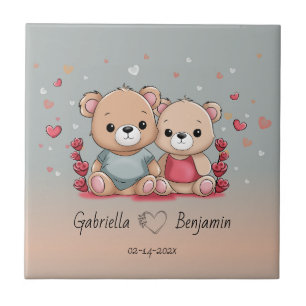 Cute Cartoon Teddy Lovers Heart Valentine’s Day Tile