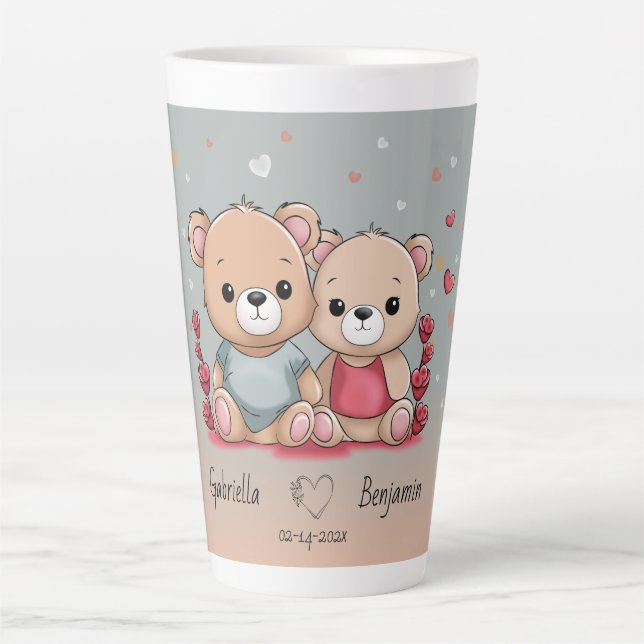 Cute Cartoon Teddy Lovers Hearts Valentine’s Day Latte Mug (Front)
