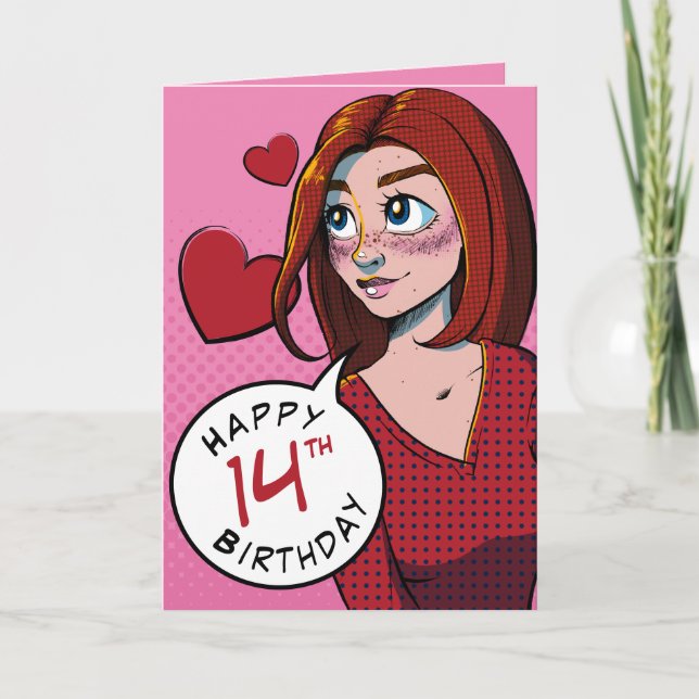 Cute Cartoon Teen Girl Pink 14th Birthday Card (Front)