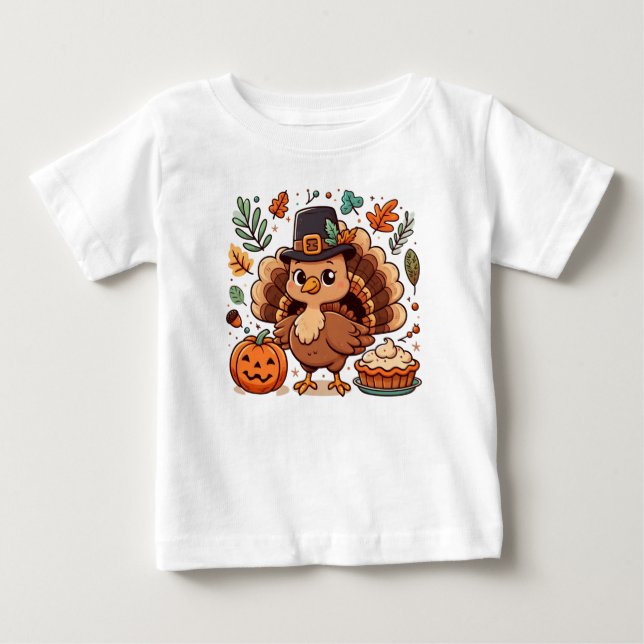 Cute Cartoon Thanksgiving turkey and pumpkin Baby T-Shirt (Front)