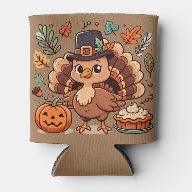 Cute Cartoon Thanksgiving turkey and pumpkin Can Cooler (Front)