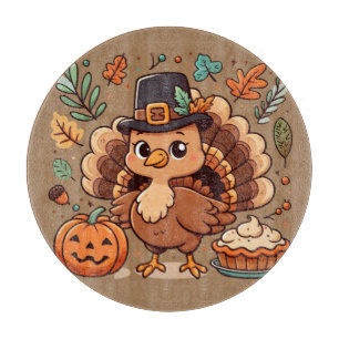 Cute Cartoon Thanksgiving turkey and pumpkin Cutting Board