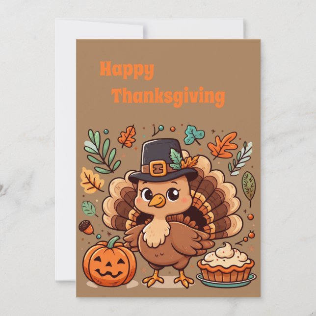 Cute Cartoon Thanksgiving turkey and pumpkin Holiday Card (Front)