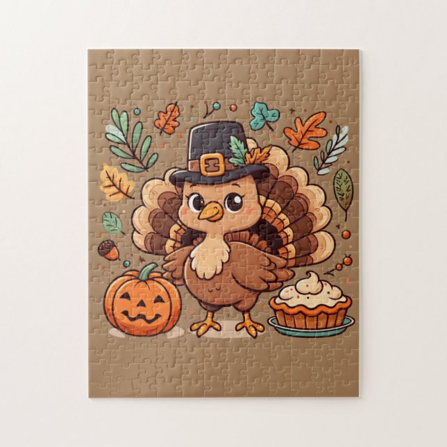 Cute Cartoon Thanksgiving turkey and pumpkin Jigsaw Puzzle (Vertical)