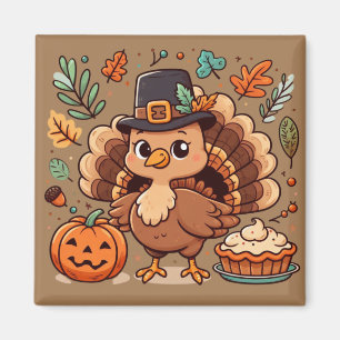 Cute Cartoon Thanksgiving turkey and pumpkin Magnet
