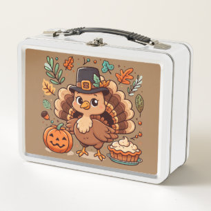 Cute Cartoon Thanksgiving turkey and pumpkin Metal Lunch Box
