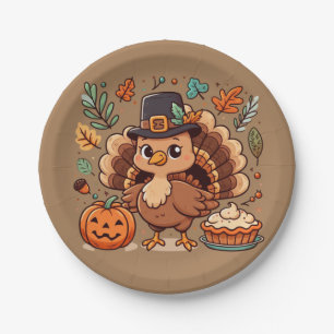 Cute Cartoon Thanksgiving turkey and pumpkin Paper Plate