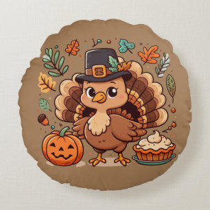 Cute Cartoon Thanksgiving turkey and pumpkin Round Cushion
