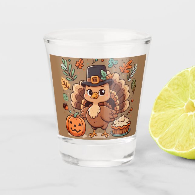 Cute Cartoon Thanksgiving turkey and pumpkin Shot Glass (Front)