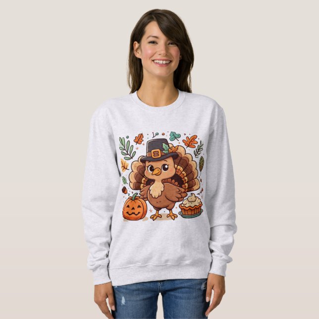 Cute Cartoon Thanksgiving turkey and pumpkin Sweatshirt (Front Full)