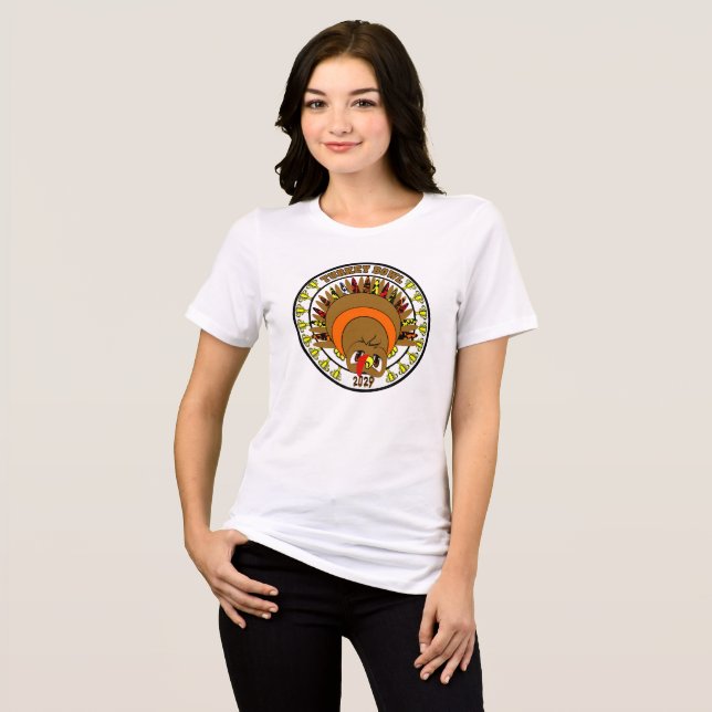 Cute Cartoon Thanksgiving Turkey Bowl T-shirt Tri-Blend Shirt (Front Full)