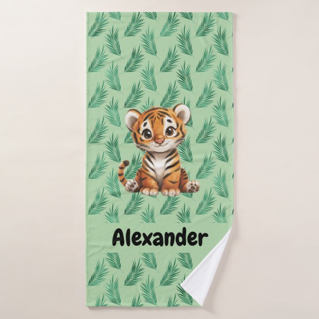 Cute Cartoon Tiger on Tropical Leaves Bath Towel Set (Bath Towel)
