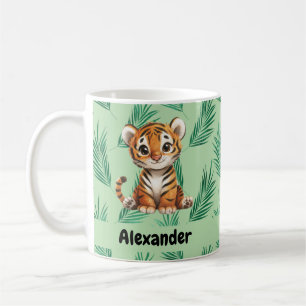 Cute Cartoon Tiger on Tropical Leaves Coffee Mug