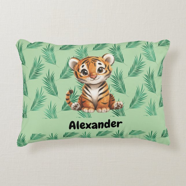 Cute Cartoon Tiger on Tropical Leaves Decorative Cushion (Front)