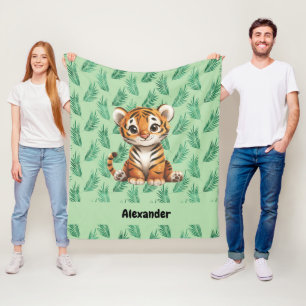 Cute Cartoon Tiger on Tropical Leaves Fleece Blanket