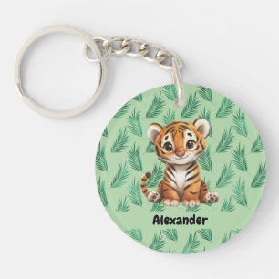 Cute Cartoon Tiger on Tropical Leaves Key Ring