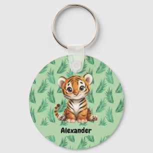 Cute Cartoon Tiger on Tropical Leaves Key Ring