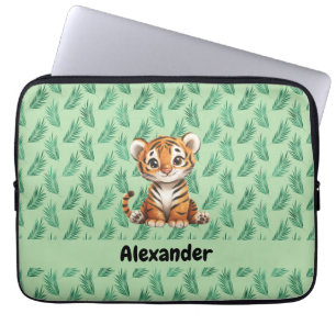 Cute Cartoon Tiger on Tropical Leaves Laptop Sleeve