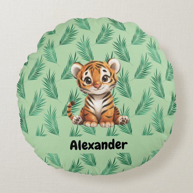 Cute Cartoon Tiger on Tropical Leaves Round Cushion (Front)