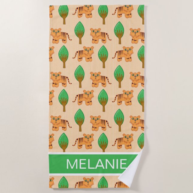 Cute Cartoon Tiger Pattern Personalised Beach Towel (Front)