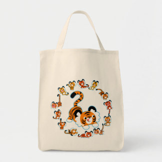 Cute Cartoon Tigers Mandala (Blue) Grocery  Bag