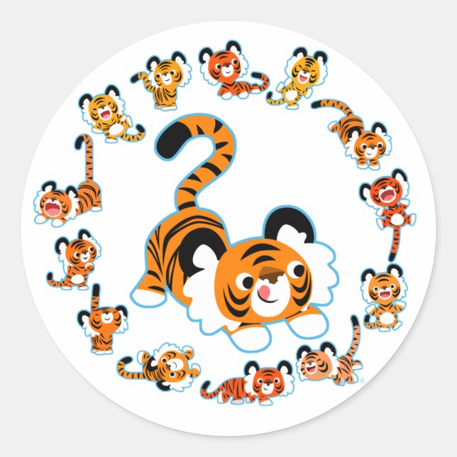 Cute Cartoon Tigers Mandala (Blue) Sticker (Front)