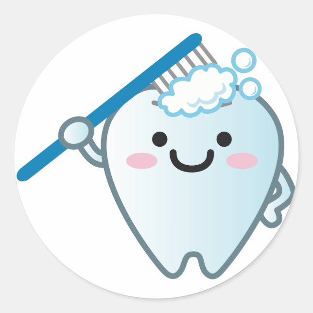 Cute Cartoon Tooth Brushing with Toothbrush Classic Round Sticker (Front)