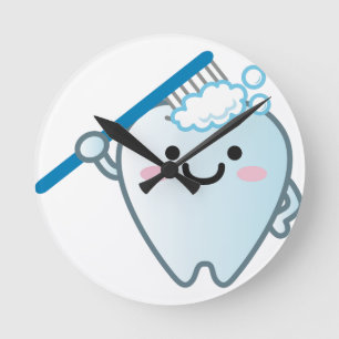 Cute Cartoon Tooth Brushing with Toothbrush Round Clock