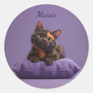 Cute Cartoon Tortoiseshell Kitten on Purple Cushio Classic Round Sticker