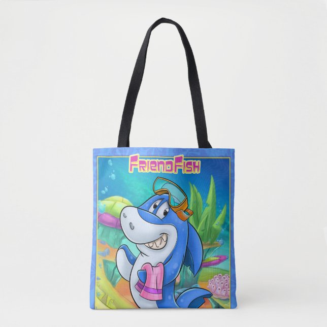 Cute cartoon tote bag with cartoon beach shark (Front)