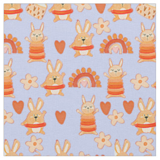 Cute Cartoon Toy Rabbit Bunnies & Rainbow on Blue Fabric