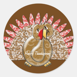 Cute Cartoon Turkey Damask Pattern Classic Round Sticker