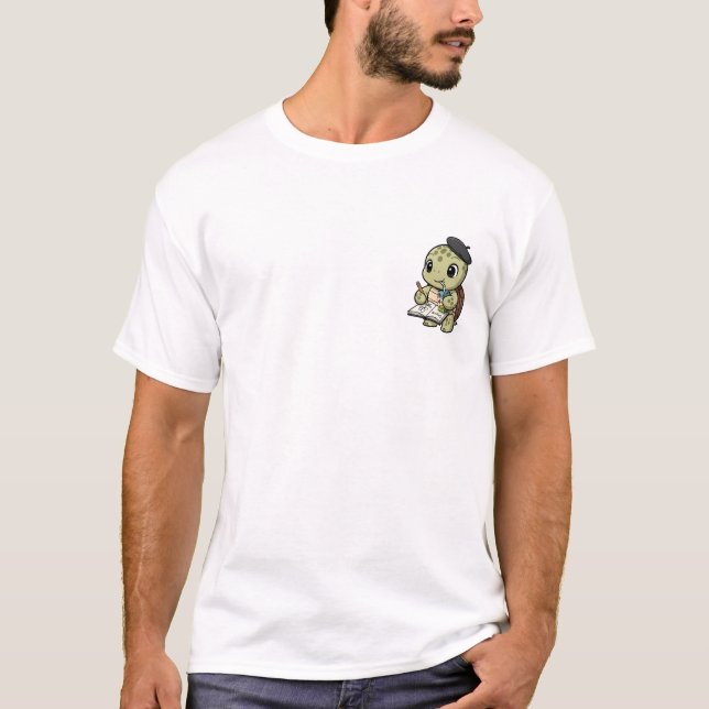 Cute Cartoon Turtle Artist Wearing Beret T-Shirt (Front)
