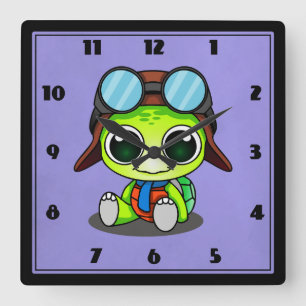 Cute Cartoon Turtle in Aviator Hat Square Wall Clock