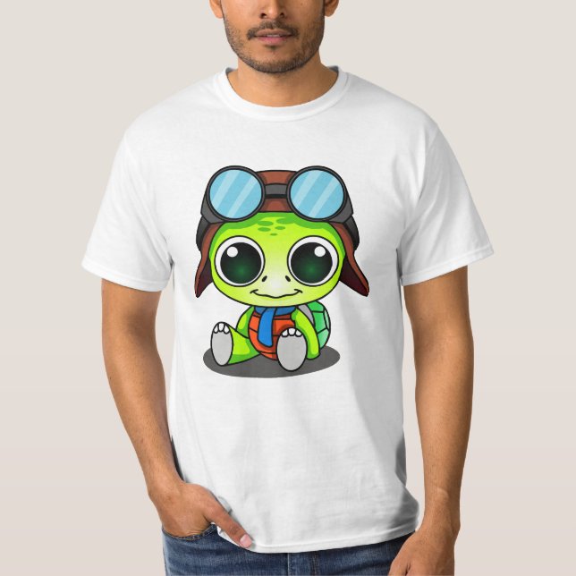Cute Cartoon Turtle in Aviator Hat T-Shirt (Front)