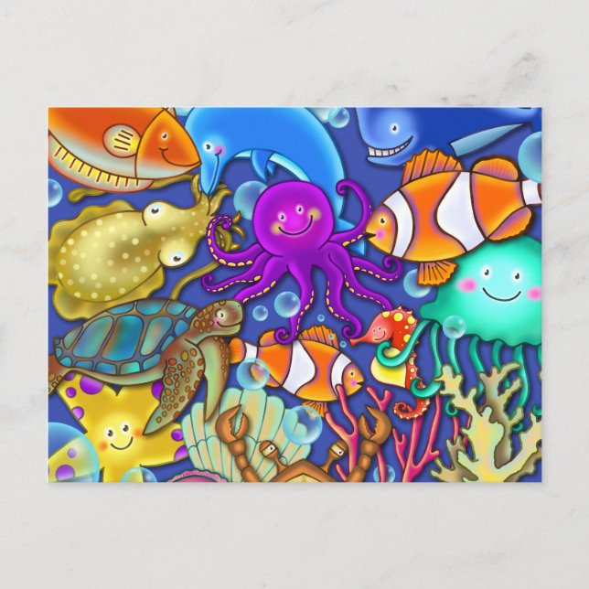 Cute Cartoon Underwater Coral Reef Sea Life World Postcard (Front)