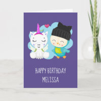 Cute Cartoon Unicorn & Bird Birthday