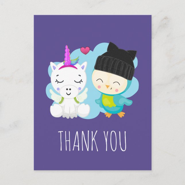 Cute Cartoon Unicorn & Bird Thank You Postcard (Front)