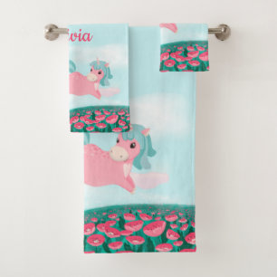      Cute Cartoon Unicorn Pink and Mint Bath Towel Set