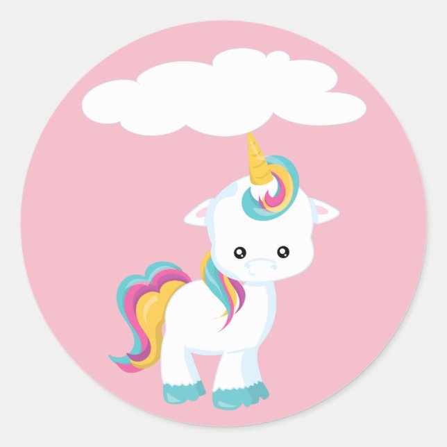 Cute Cartoon Unicorn w/Cloud Classic Round Sticker (Front)