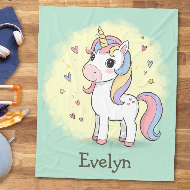 Cute Cartoon Unicorn with Rainbow Mane Fleece Blanket (Creator Uploaded)